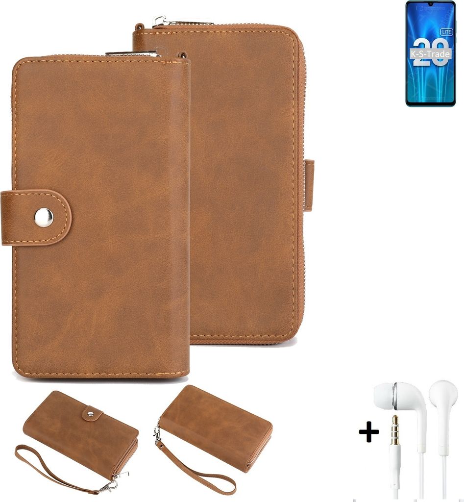 K-S-Trade Handy Schutz Hülle kompatibel mit Huawei Honor 20 Lite Russia + Kopfhörer Portemonnee Tasche Wallet-Case Bookstyle-Etui braun (1x)