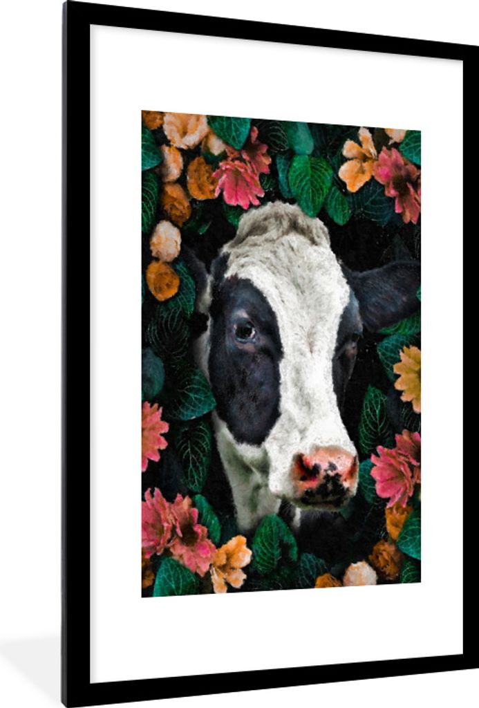 MuchoWow MuchoWow Gerahmtes Poster Kuh - Blumen - Blätter - Tiere 60x90 cm - Poster mit zchwarzem Bilderrahmen - Dekoration - Wandposter Wohnz...