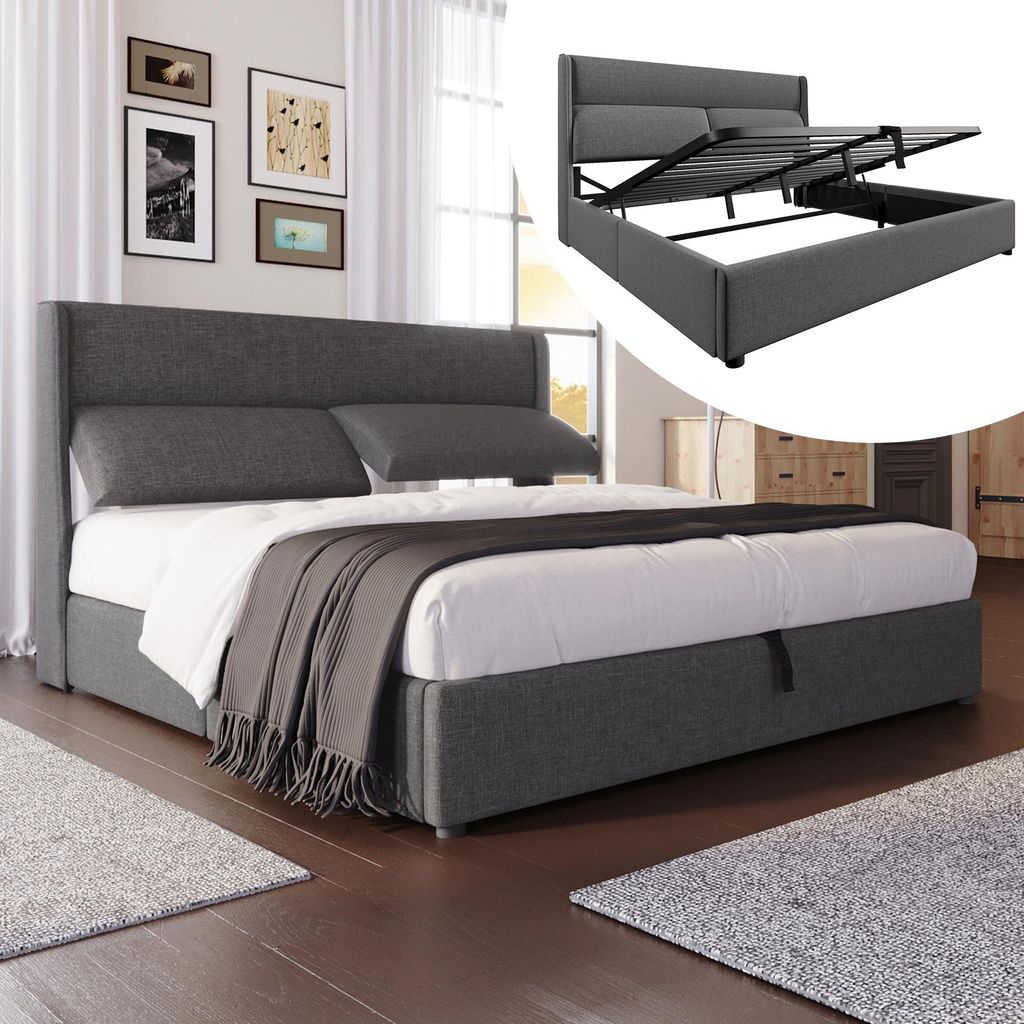 A bedroom scene with a bed and artwork on the wall, and an inset image showing the bed frame with its storage mechanism.