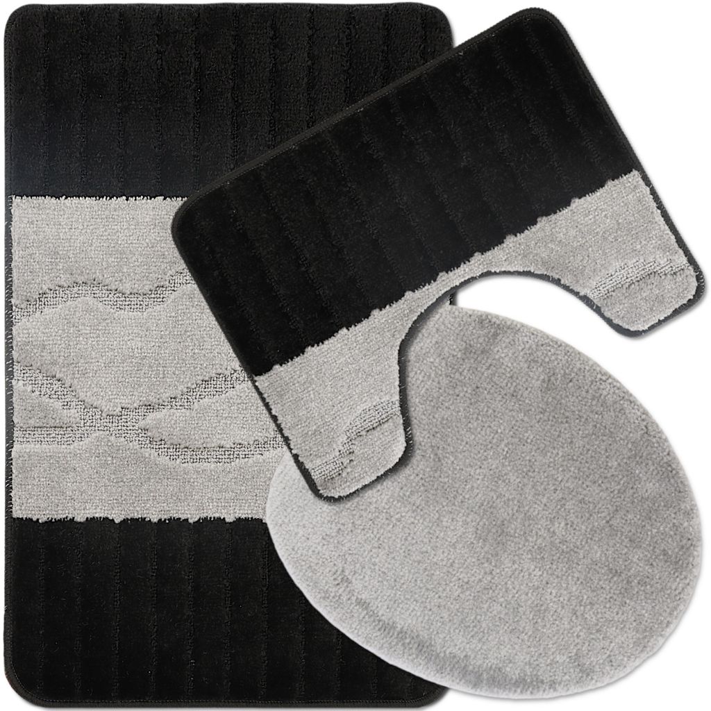 Badteppich Set 3-TLG. Schwarz-Grau - rutschfest & Weich, Produktbild 