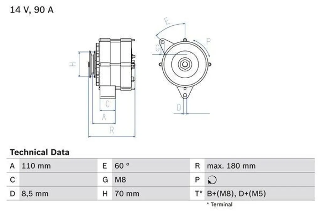 Bosch Alternateur 90A de rechange pour moteurs diesel et essence 12V