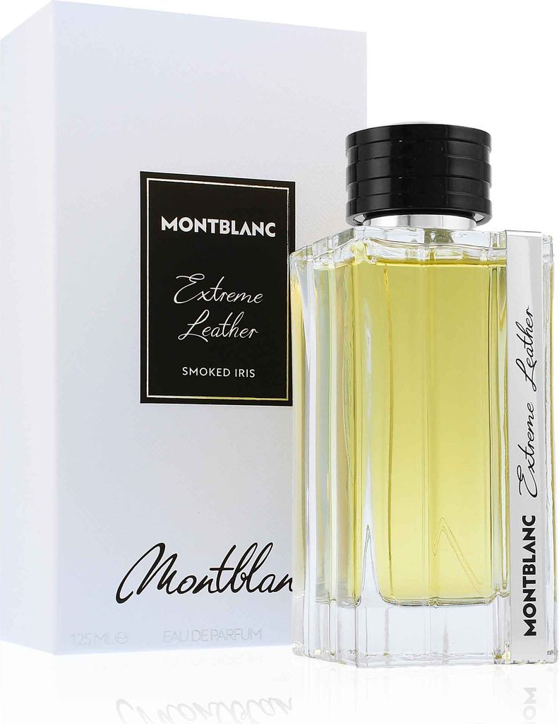 A bottle of Mont Blanc Extreme Leather Eau de Parfum for men and its packaging are displayed against a white background.