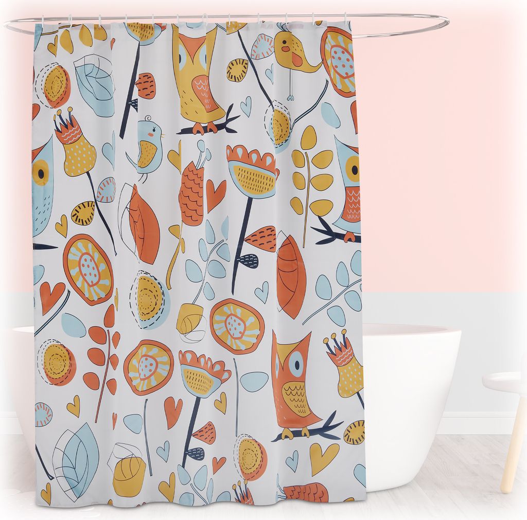 Relaxdays Duschvorhang mit Eulen, Bad Vorhang 180x200, Produktbild 