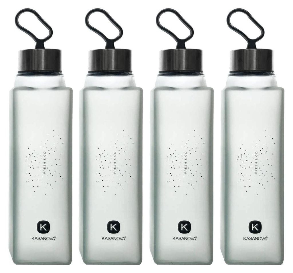 4er Set PURE Trinkflasche Glas Premium 420ml Grau Auslaufsicher mit Silikonschlaufe Glasflasche Wiederverwendbar Wasserflasche Robust Indoor Outdoor