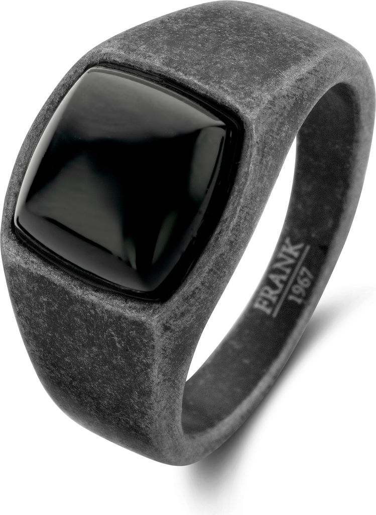 Frank 1967 7FR-0013-60 Stahlring mit Stein - Männer - Achat - 9,8 x 9,3 mm - Vintage-Look - Silberner Stahl - Größe 60 - Schwarz