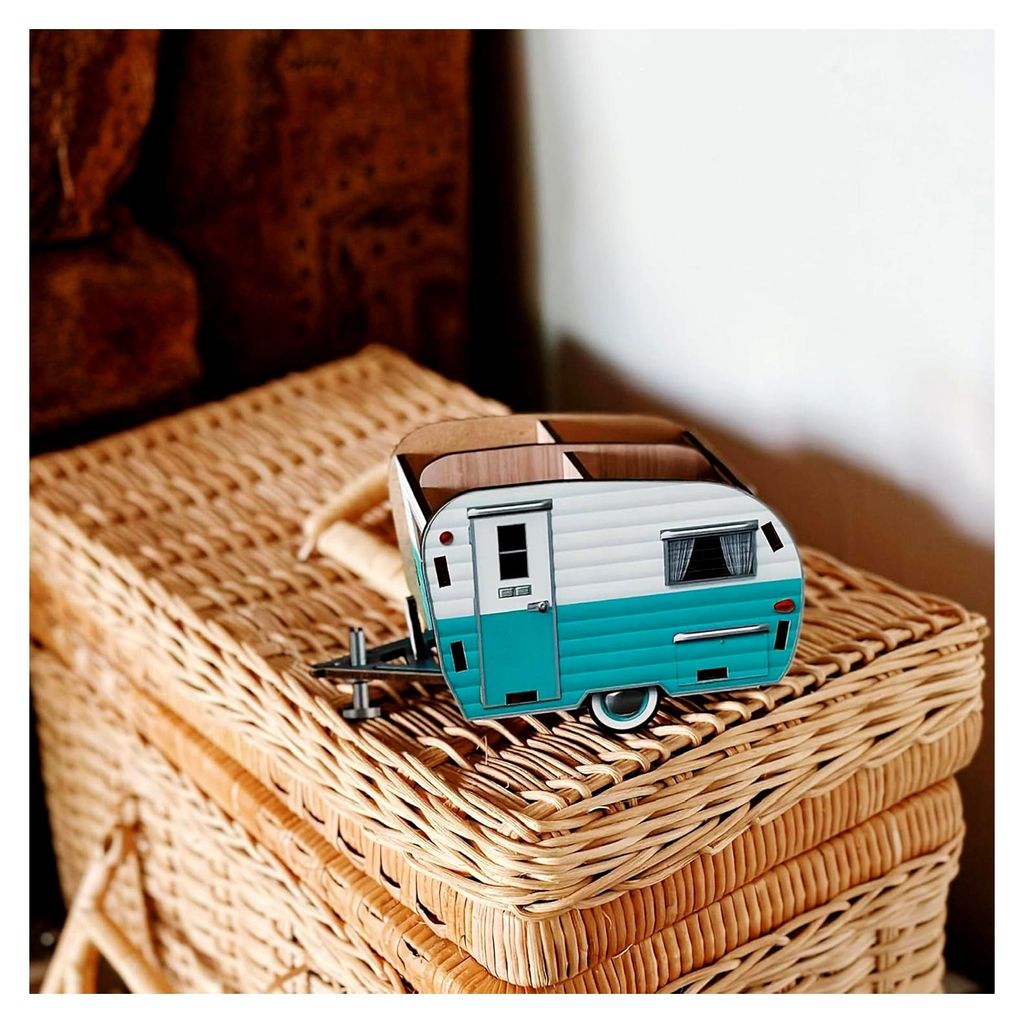 Vintage-Stil Stifthalter Happy Camper in Weiß und Blau, Retro-Schreibtisch-Organizer, Geschenkidee für Kollegen und Reisebegeisterte, funktionale...