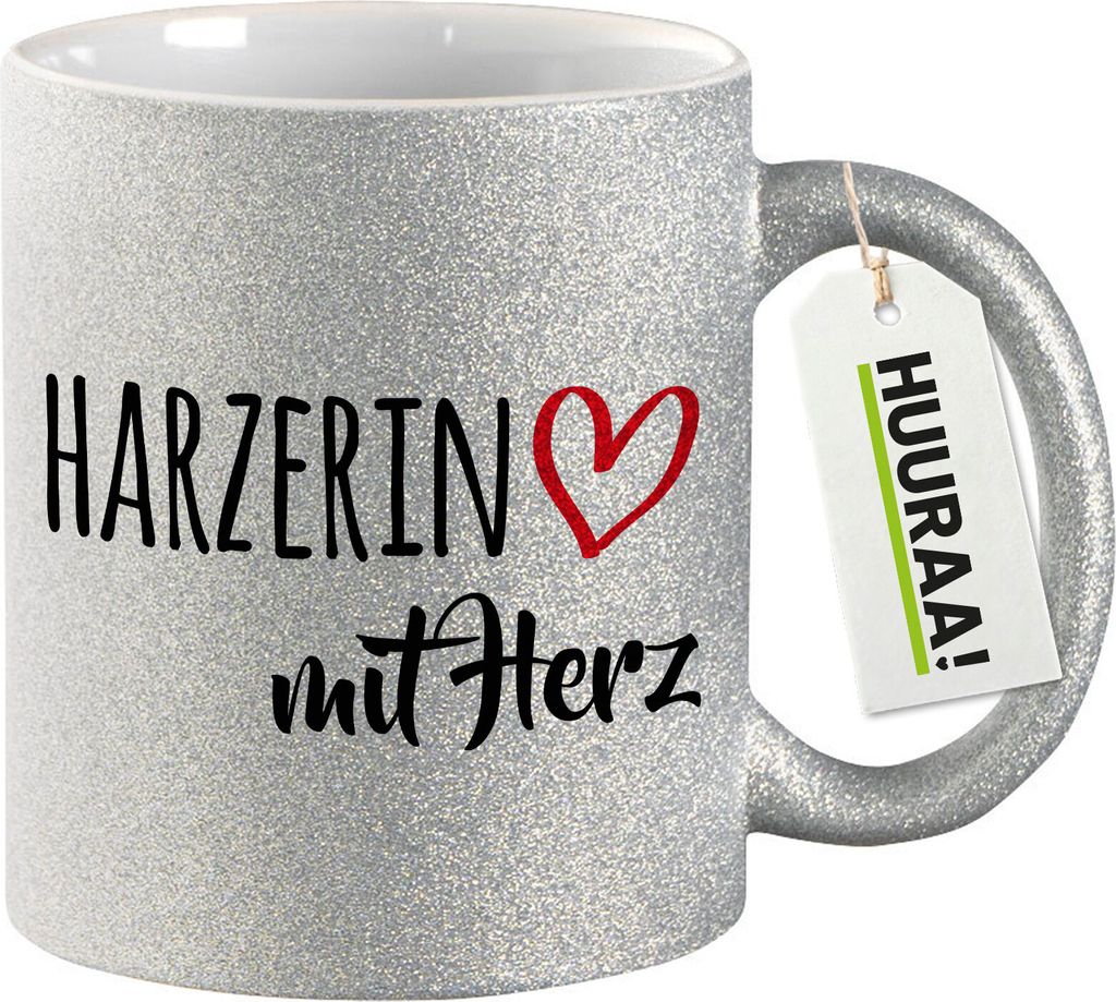Huuraa Glitzertasse Harzerin mit Herz 330ml Silber Keramik Kaffeebecher Geschenkidee