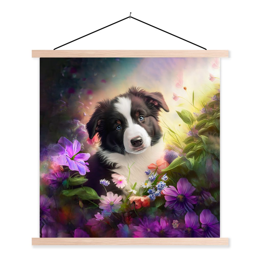 MuchoWow Textilposter Welpe - Sonne - Blumen - Natur - Border Collie - Hund 40x40 cm mit holzfarbenen Rahmen - Posterleiste