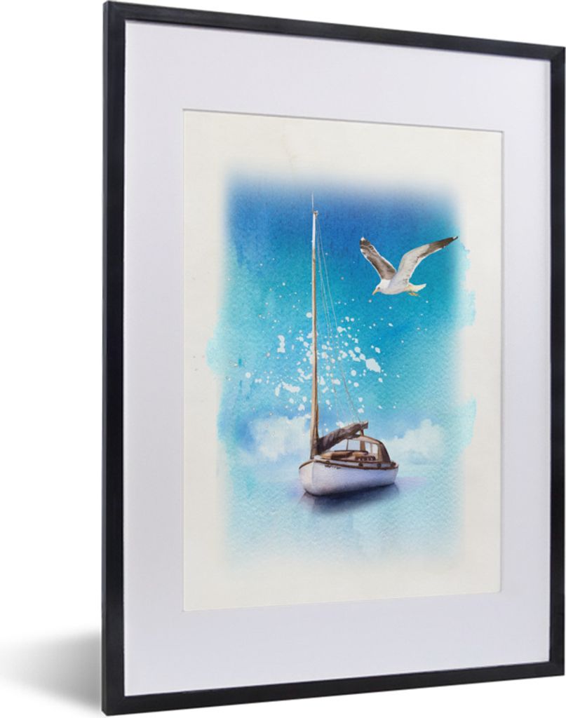 MuchoWow MuchoWow Gerahmtes Poster Boot - Meer - Möwe 30x40 cm - Poster mit zchwarzem Bilderrahmen - Wandposter Schlafzimmer