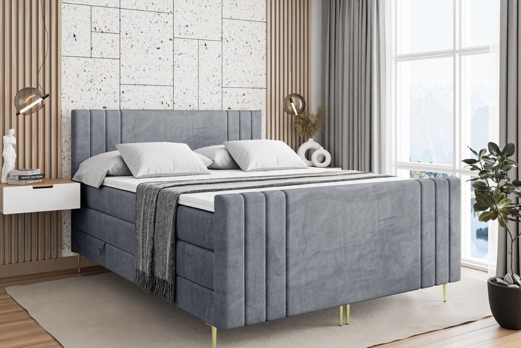 ALTDECOR Boxspringbett mit Gold Füßen, Matratze und Lattenrost, Topper, Fußteil, Polsterbett mit Bettkasten, Bett mit Stauraum H3- und H4- Matra...