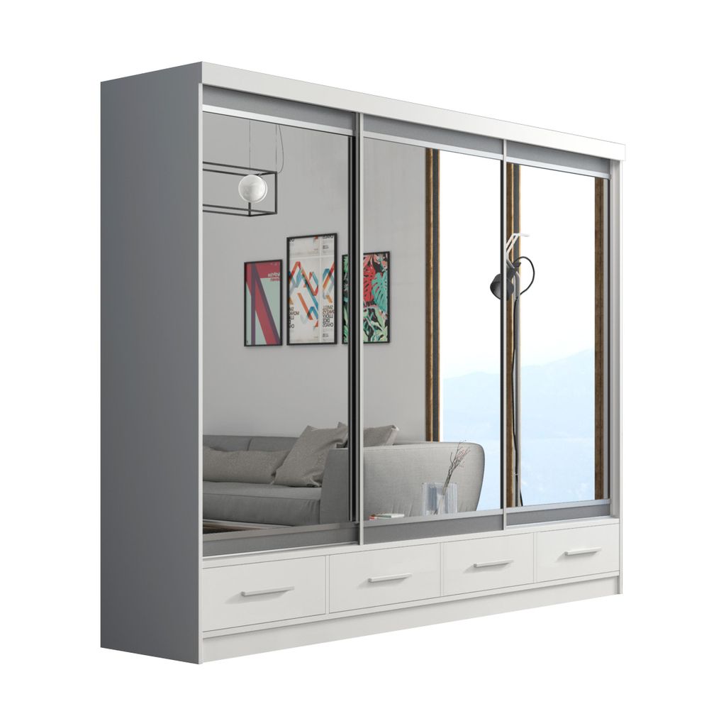 Schiebetürenschrank 250 cm mit Spiegeln und vier Schubladen, Kleiderschrank mit 3 Schiebetüren, Lieferung bis in die Wohnung (Farbe: Weiß)