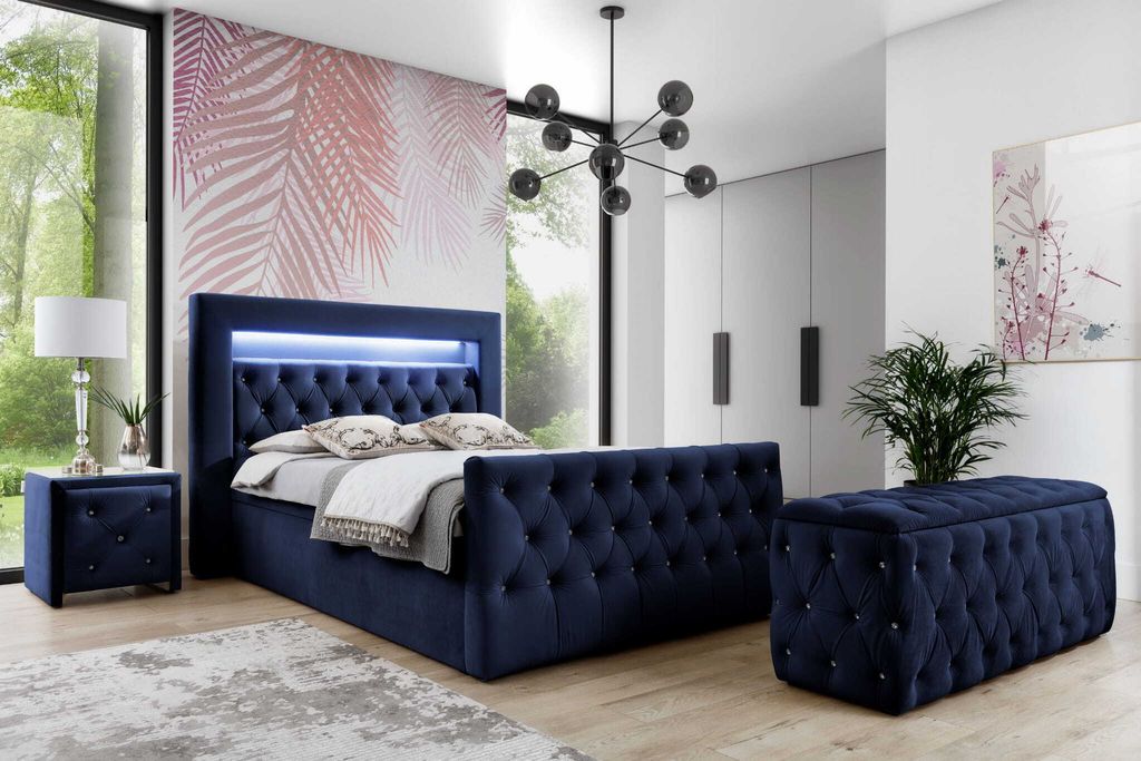 Bett Boxspringbett WESPER mit Pocket-Matratze und Topper , Doppelbett mit 2 Bettkästen, H3, LED ( 160x200 cm , Dunkelblau - Motion 77 )