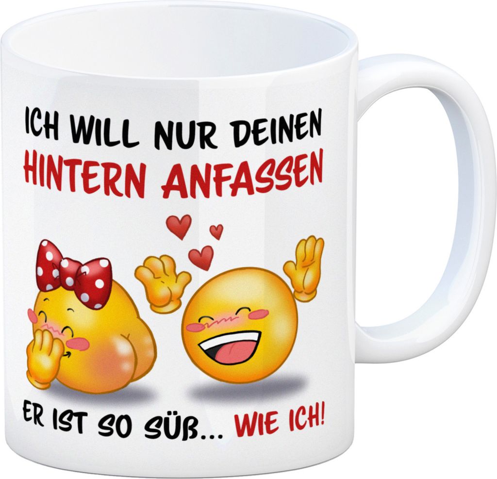 Hintern anfassen Kaffeebecher mit Emoticons und Spruch