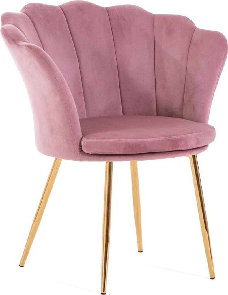 Samtstuhl SHELLY in Muschelform mit gepolsterter Sitzfläche und goldenen Metallbeinen, elegantes und raffiniertes Design –Rosa/Gold