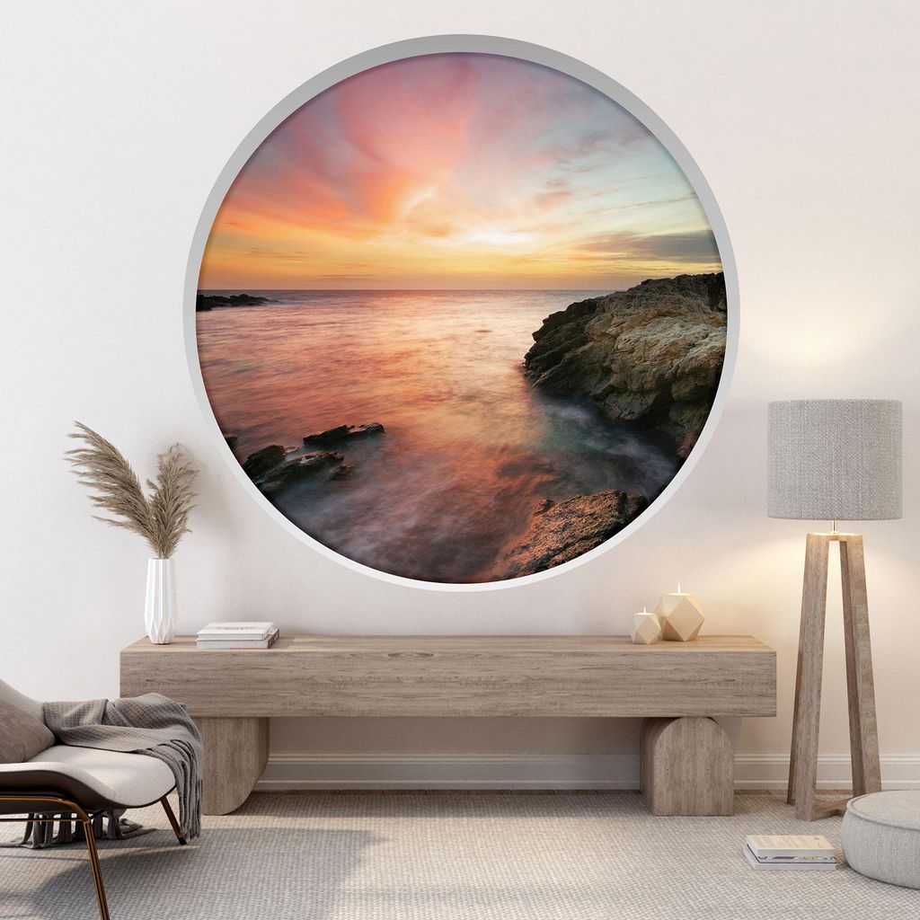 Trompe-l'œil-Aufkleber Runde Bogen - Lumaléa - Blick auf das Meer bei Sonnenuntergang - Durchmesser 90 cm