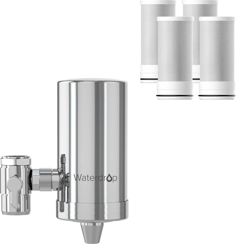 Waterdrop WD-FC-06 Wasserhahn aus Rostfreiem Stahl, Kohleblock Wasserfiltersystem, Leitungswasserfilter, Entfernt Chlor (4 Filter Enthalten)
