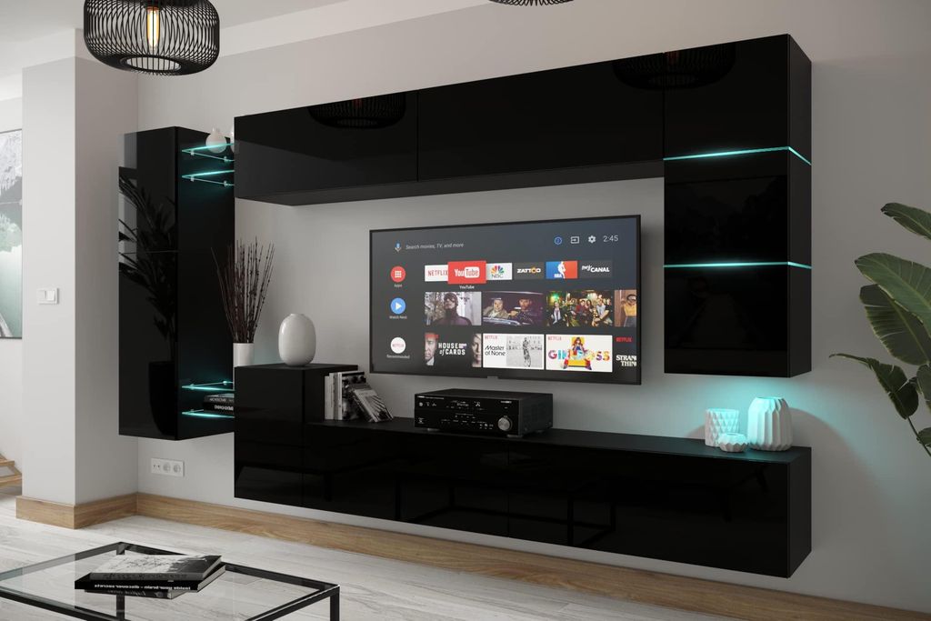 Furnitech Wohnwand Wohnzimmer - Wohnzimmer Möbel mit LED Weiß - Hängend Wohnwand Modern - Regale und TV Schrank (AN90NEW-21B-HG1)