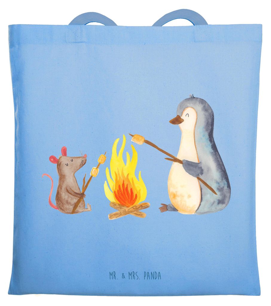 Mr. & Mrs. Panda Tote Bag Pinguin Lagerfeuer - Sky Blue - Geschenk, Job, Schultasche, Marshmallows, Tasche, Uni, glücklich, Shopping, Laptoptasche...