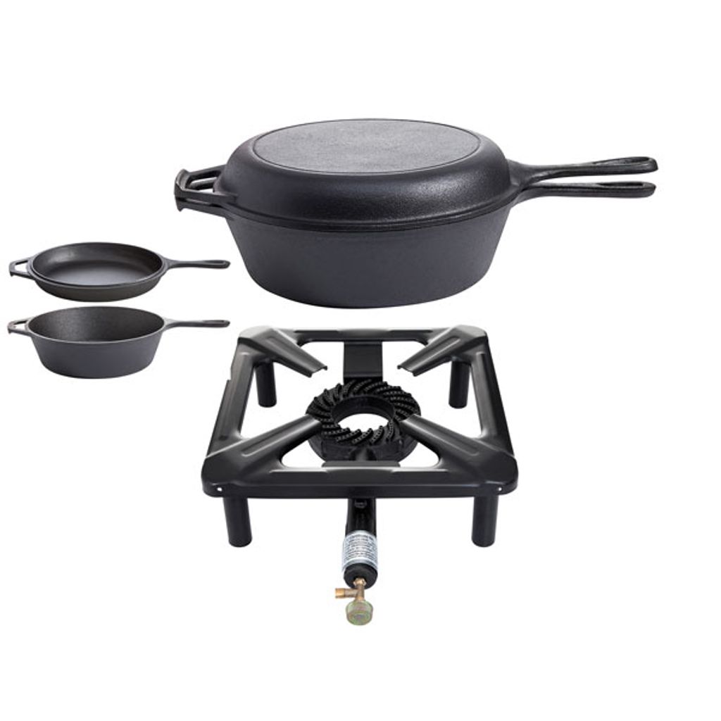 Hockerkocher-Set mit Gusseisenpfannen Kombi-Set Ø 25,5 cm