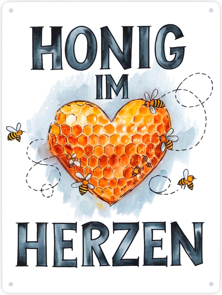 Honig im Herzen Metallschild XXL in 28x38 cm Herz Honigwaben