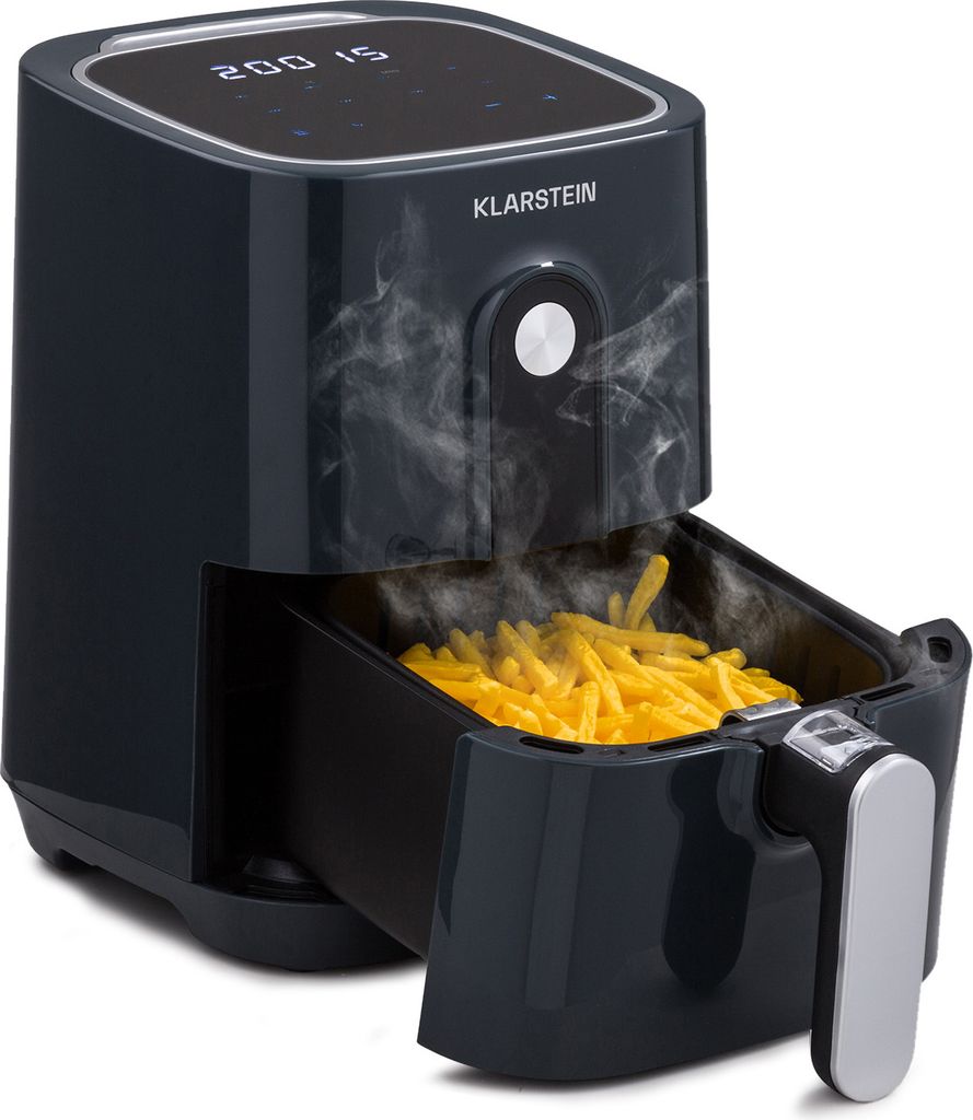 A dark gray Klarstein air fryer with a basket of french fries inside, emitting steam.