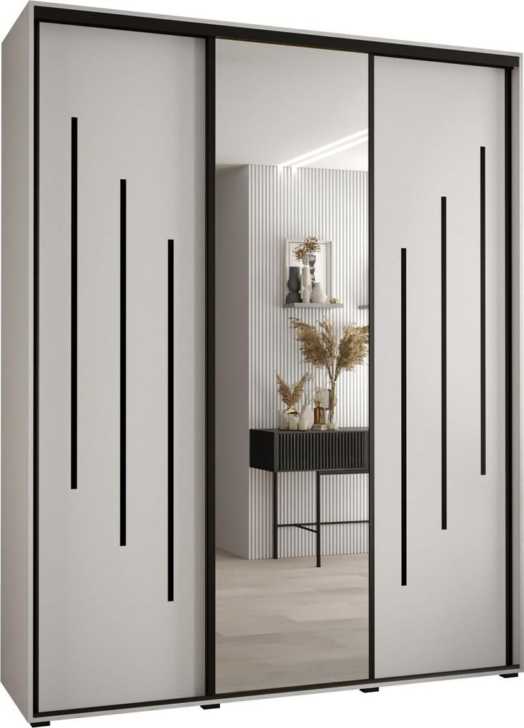 MEBLE KRYSPOL Cannes 9 Schrank mit 3 Schiebetüren - 205,2x190x60 cm - Weiß Weiß Schwarz