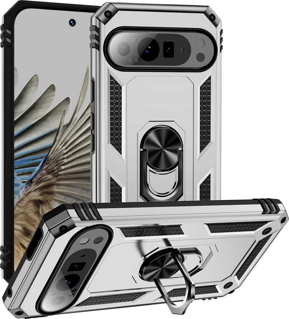 Custodia per Google Pixel 9 Pro XL a doppio strato, robusta e con protezione militare, con supporto ad anello e supporto Argento