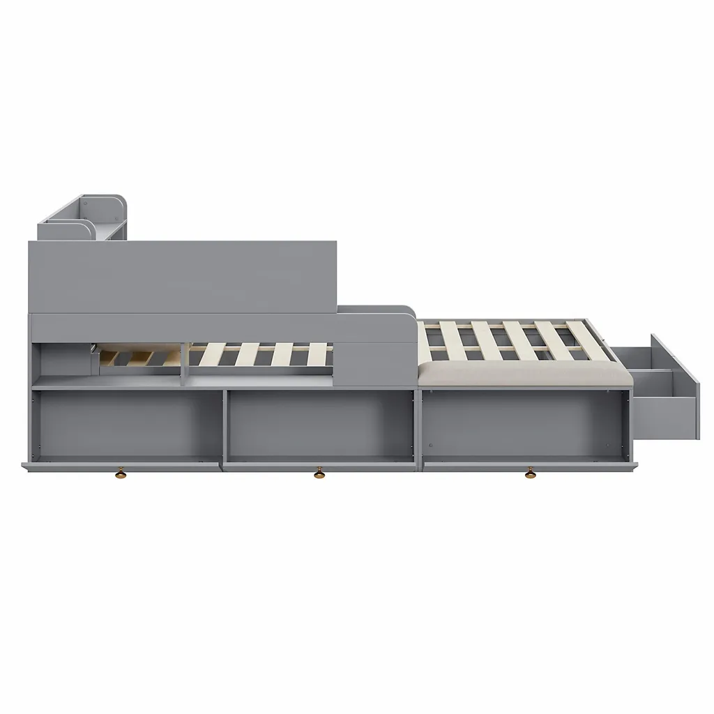 Lit double combiné gain de place 140x200, bois gris avec rangements - 13