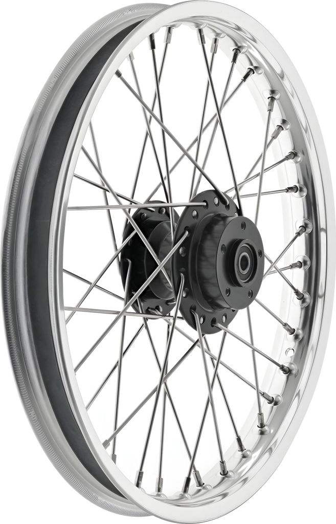 Speichenrad 1,5 x 16" für Scheibenbremse, Nabe Schwarz, Alufelge poliert, eloxiert + Edelstahlspeichen - Simson S53