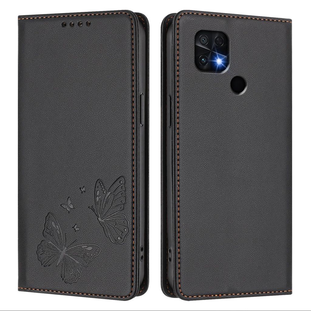 Lederhülle für Xiaomi Poco C40/Redmi 10C, Schmetterling Prägung Leder Brieftasche Schutzhülle mit Ständer Schwarz