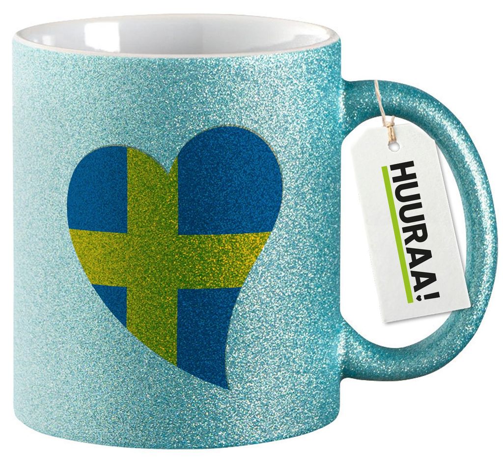 Huuraa Glitzertasse Schweden Flagge Herz 330ml Blau Keramik Kaffeebecher Geschenkidee