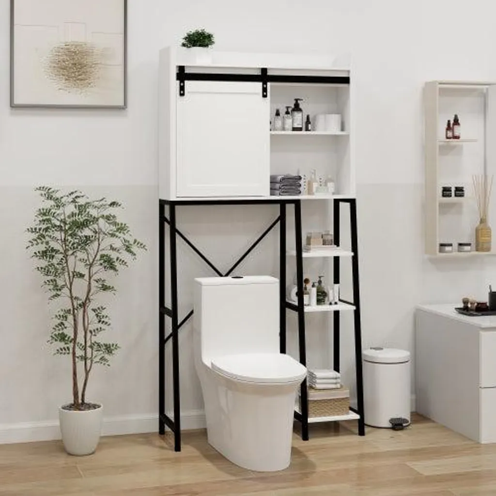 Meuble de rangement WC gain de place avec porte coulissante et niches