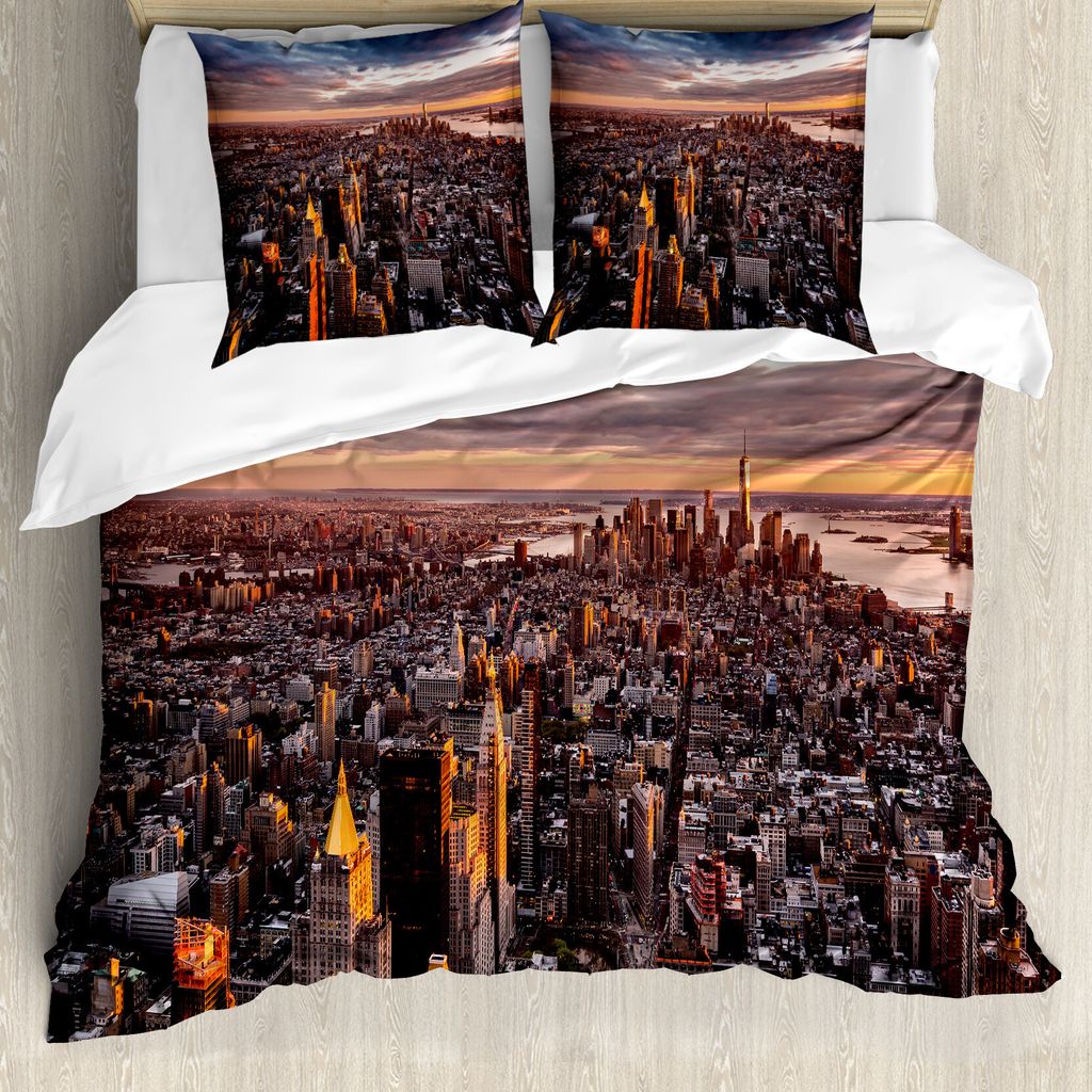 ABAKUHAUS USA Bettbezug, Manhattan Skyline Sonnenuntergang, Milbensicher Allergiker geeignet mit Kissenbezügen, 155 cm x 220 cm - 80 x 80 cm, Blau...