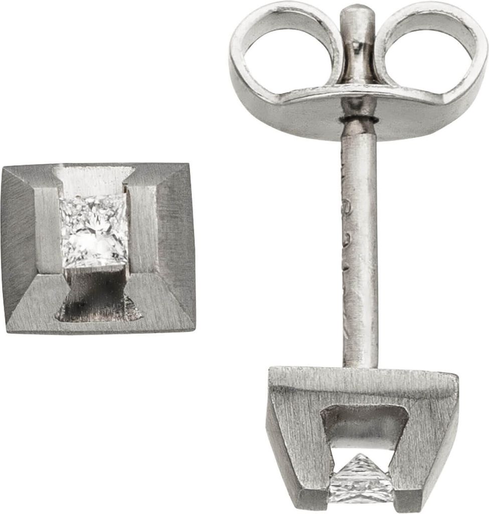 Ohrstecker Ohrringe Zange mit 2 Diamanten im Princess-Schliff, 950 Platin, matt