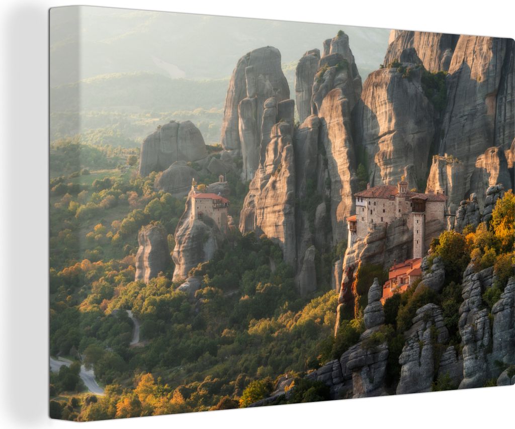 OneMillionCanvasses - Leinwandbilder - 140x90 cm, Sonnenaufgang bei den Meteora-Klöstern in Griechenland, Wandbilder Kunstdruck Wanddekoration -...