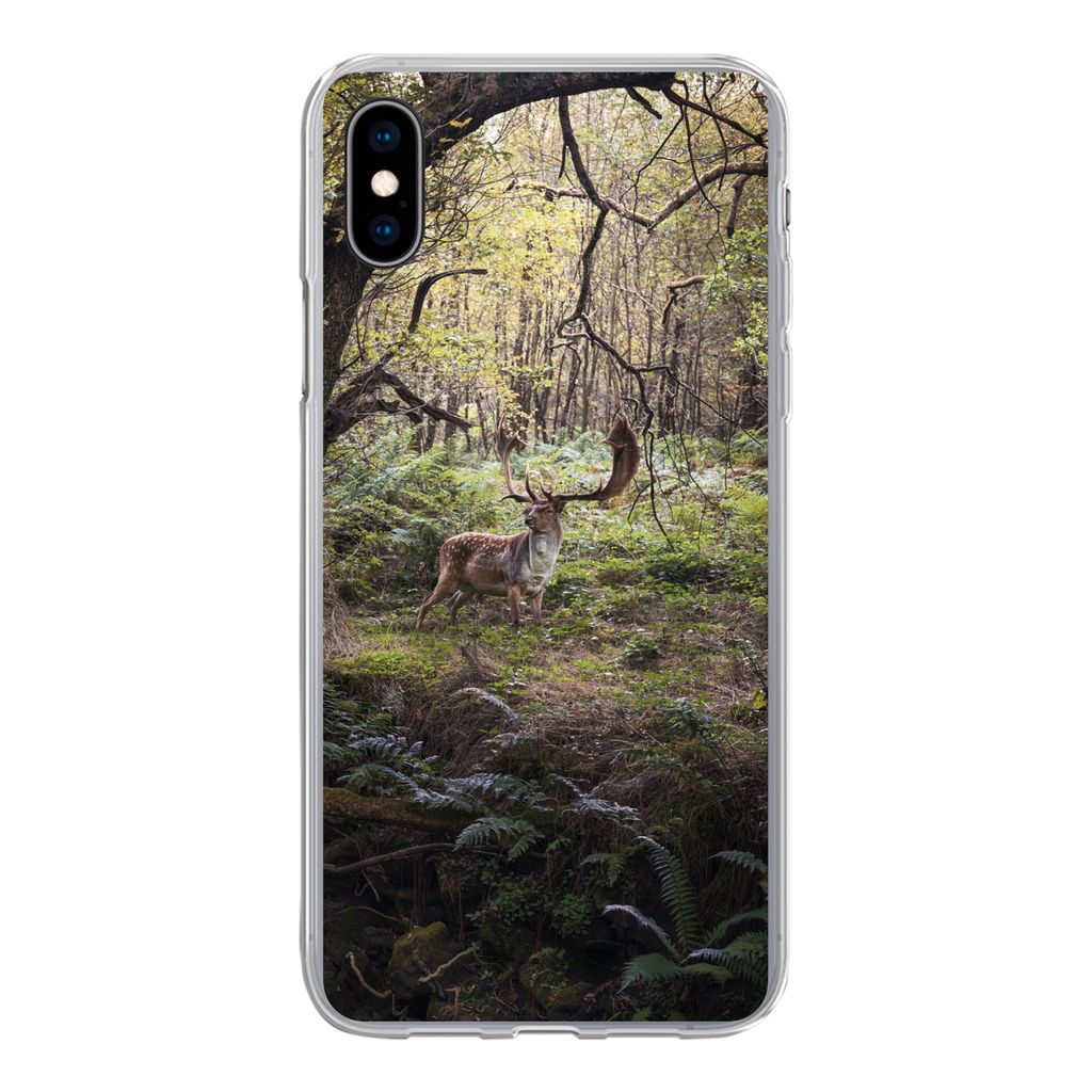 MuchoWow Handyhülle Schutzhülle Hülle für iPhone Xs Waldtier - Hirsch - Sonne Silikon Softcase Handy Hülle - Handytasche