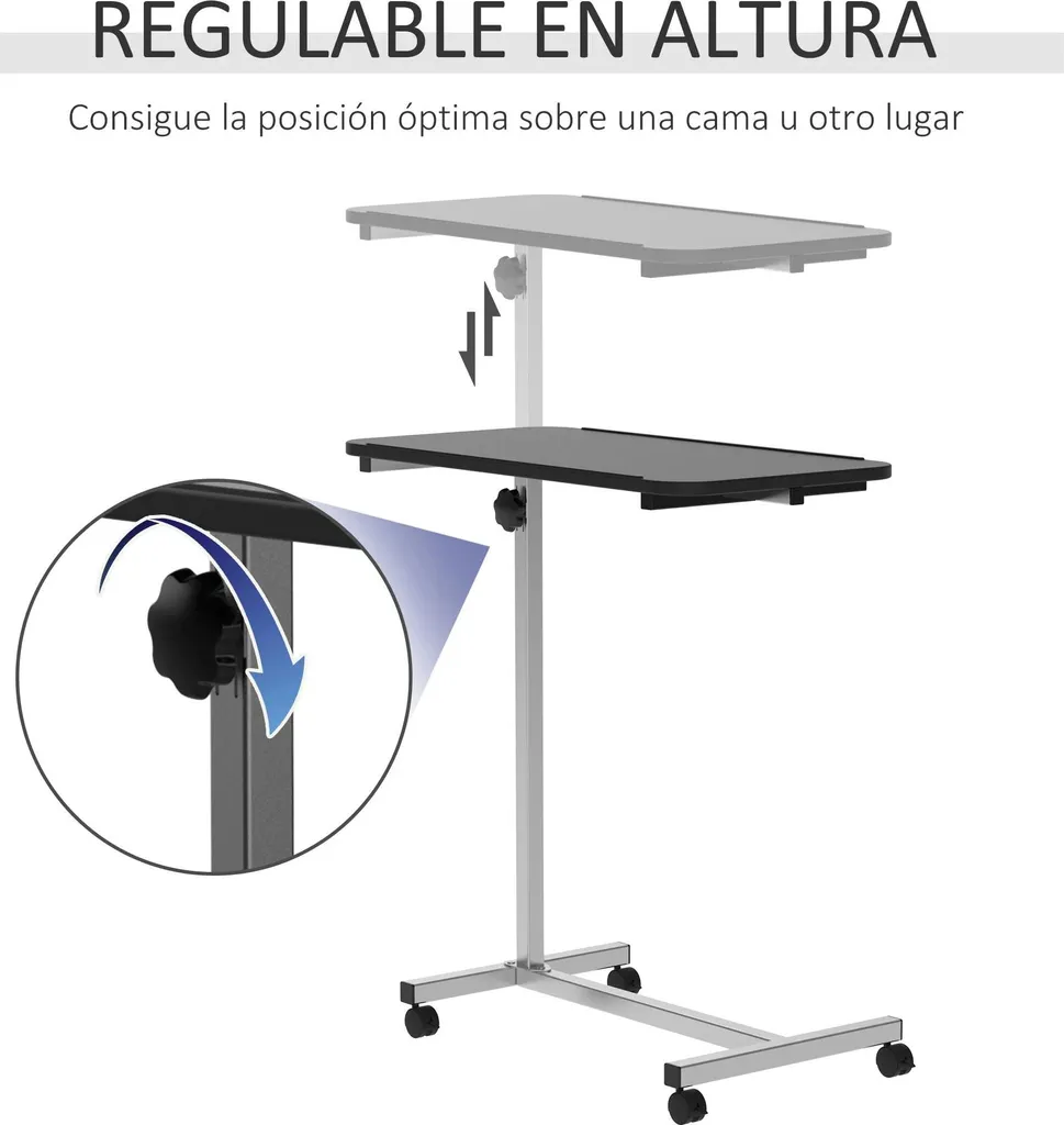 Table d'appoint sur roulettes - Hauteur réglable 76-100 cm - Noire
