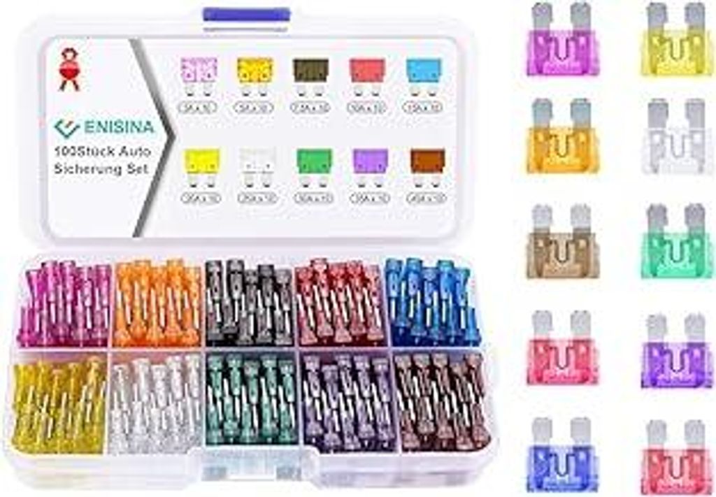 100Stück Standard Kfz Sicherungen Auto Sicherung set - 3A 5A 7.5A 10A 15A 20A 25A 30A 35A 40A Flachsicherungen set für PKW/Wohnmobil/LKW