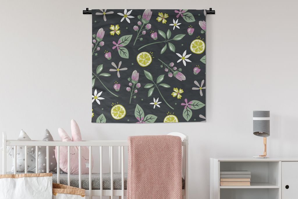 MuchoWow Wandteppich Wandbehang Sommer - Blumen - Zitrusfrüchte - Schwarz 90x90 cm Tapisserie Dekoration Wandtuch - Wandaufhänger