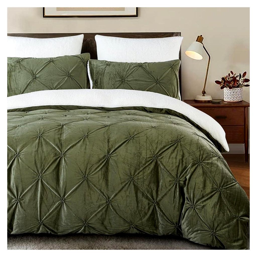 Flanell Fleece Bettwäsche 135x200 Olivgrün Weiß Teddy Biber Winterbettwäsche Plüsch Cashmere Touch Flauschig Sherpa Pintuck Bettbezug mit Rei...
