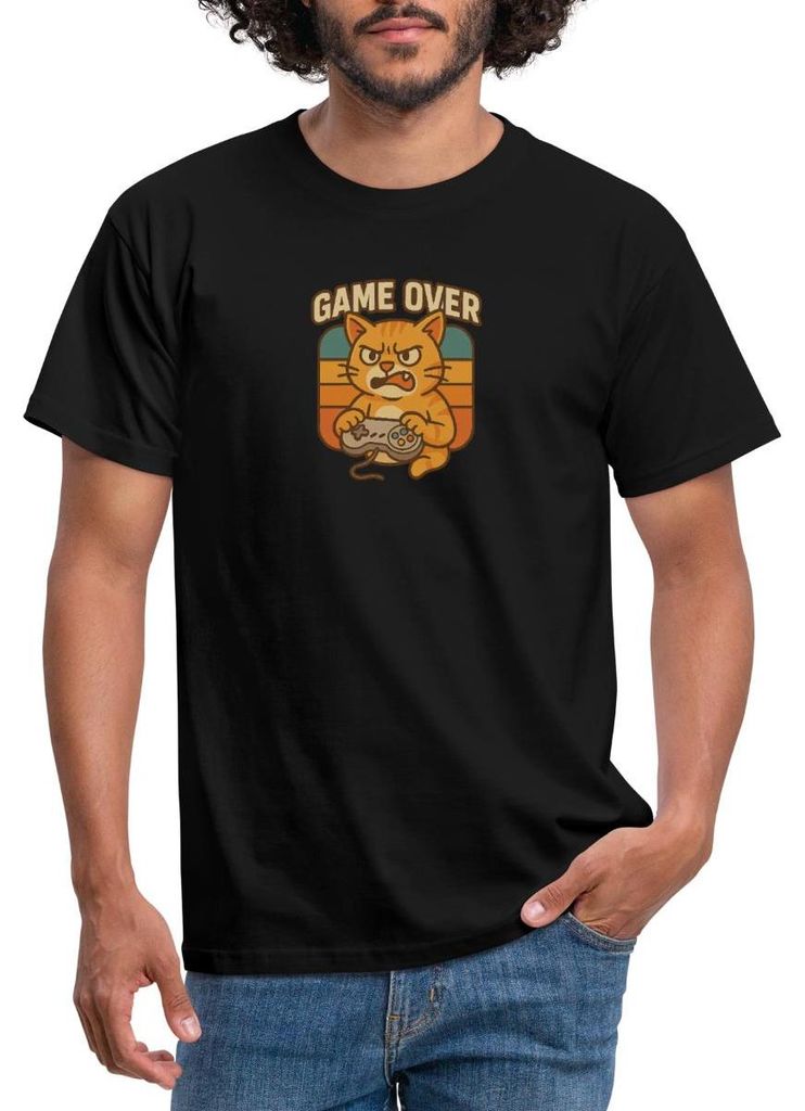 Spreadshirt Game Over | Zockende Katze Männer T-Shirt, 4XL, Schwarz