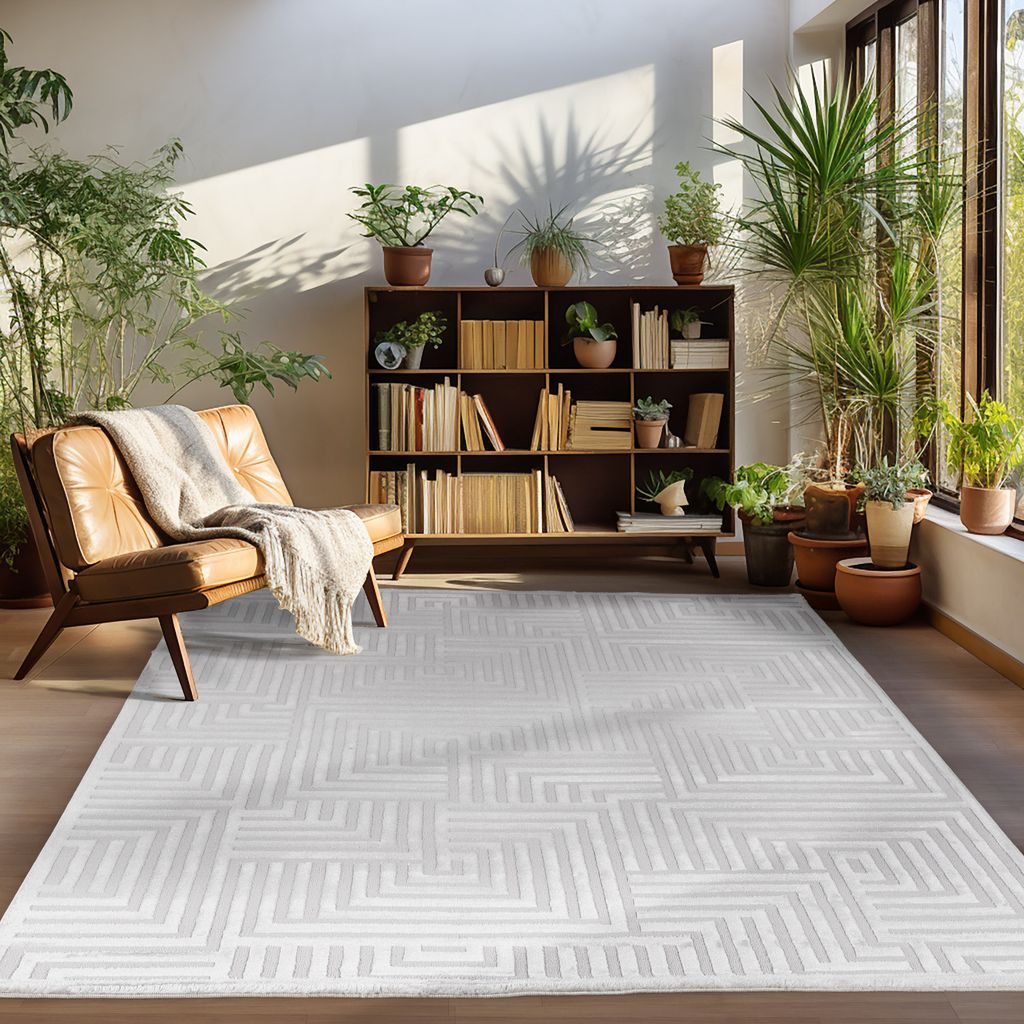 Kurzflor Teppich Wohnzimmer Esszimmer Schlafzimmer Skandinavischer Boho Stil 3D Muster Soft & Weich Modern, Größe: 120 x 170 cm, Farbe: Silber-4