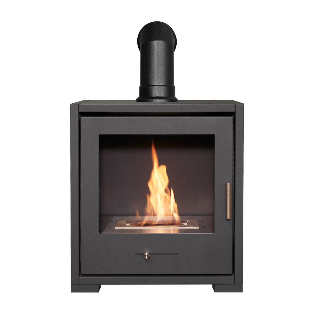OKO S3 Bioethanol-Kamin in Anthrazitgrau mit schrägem Ofenrohr