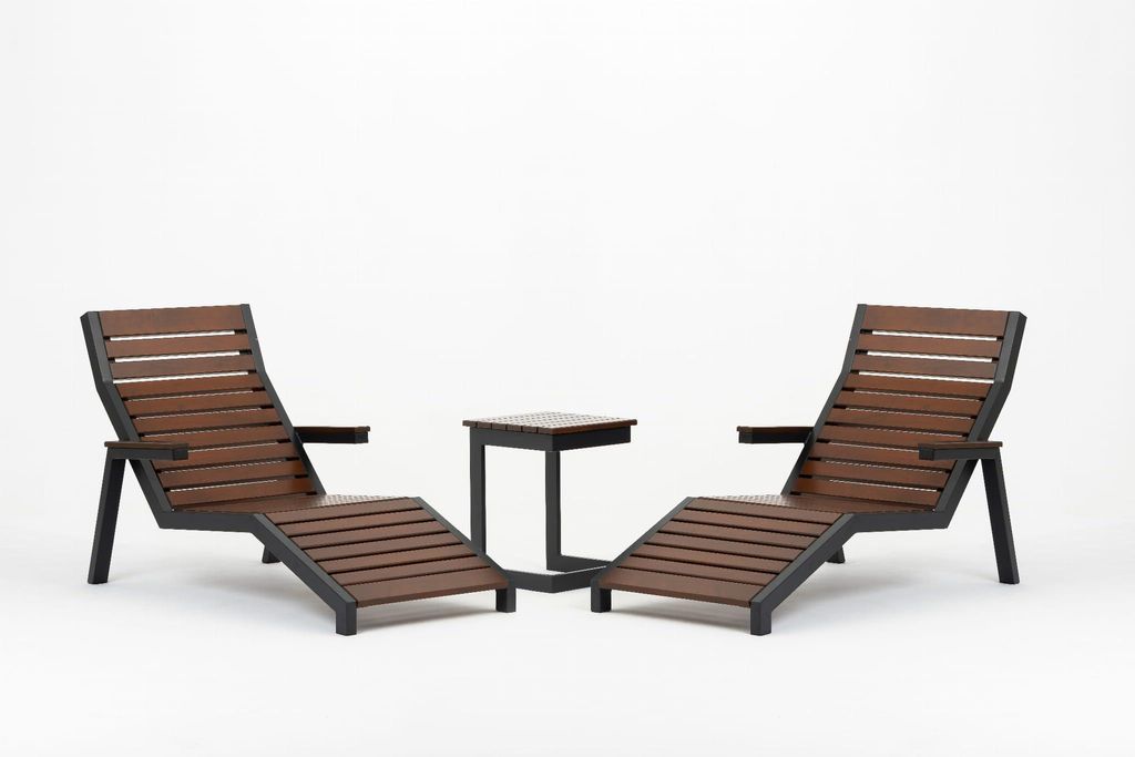 Sonnenliege Modern 2+1 - Set aus Gartenliegen und Tisch - Ein modernes Gartenmöbel-Set - Holz und Stahl - Loft - Wetterfest - Palisander
