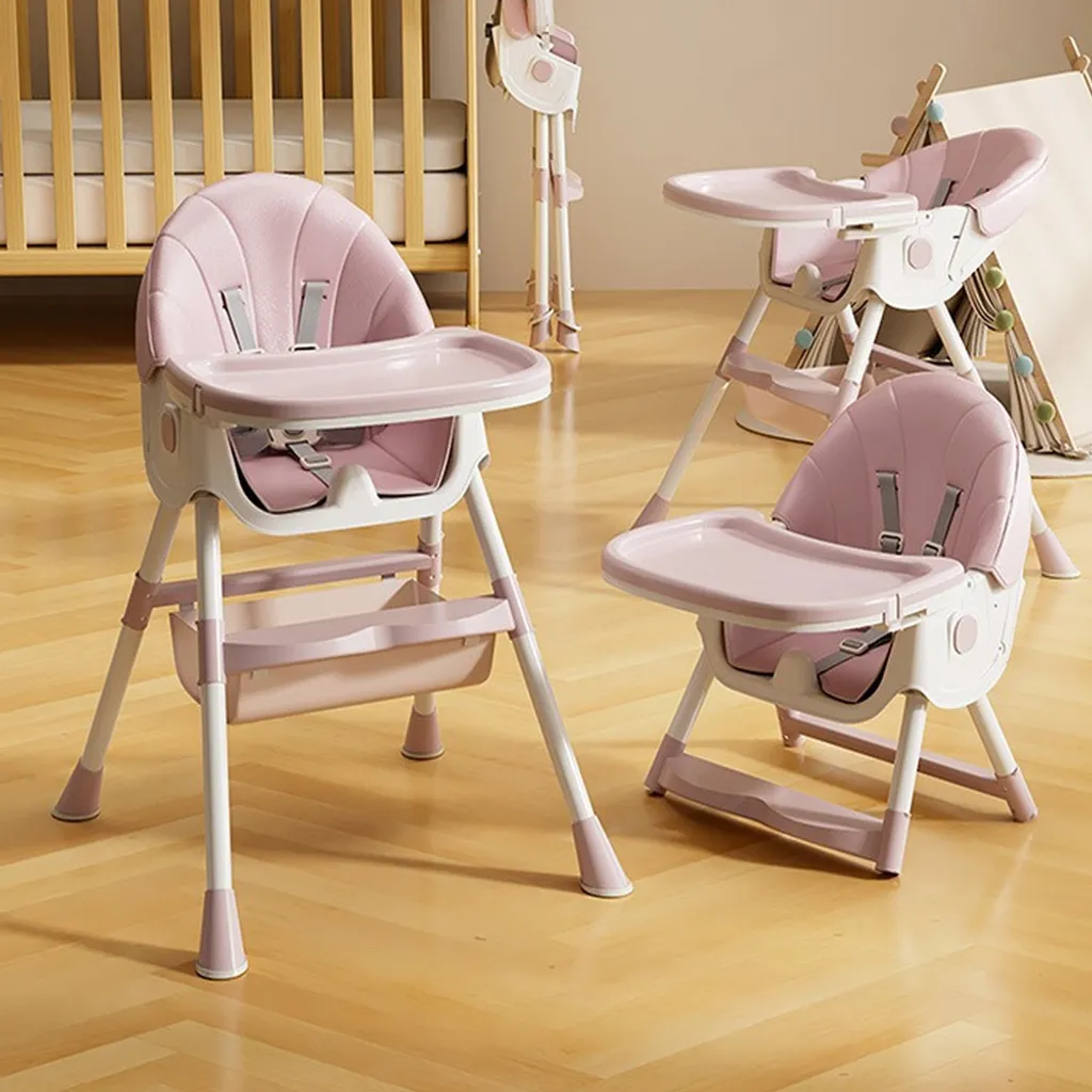 Chaise haute enfant pliable 3 en 1 rose avec panier de rangement bas