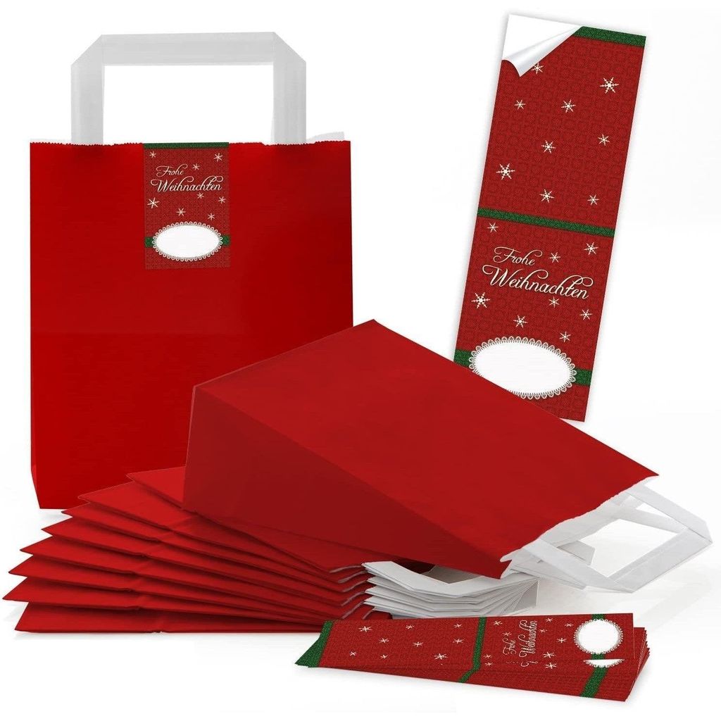 10 rote kleine Papiertüten Papiertaschen Boden u. Henkel 18 x 8 x 22 cm + 10 Banderolen Aufkleber 5 x 15 cm Weihnachtstüten Nikolaus-Säckchen We...