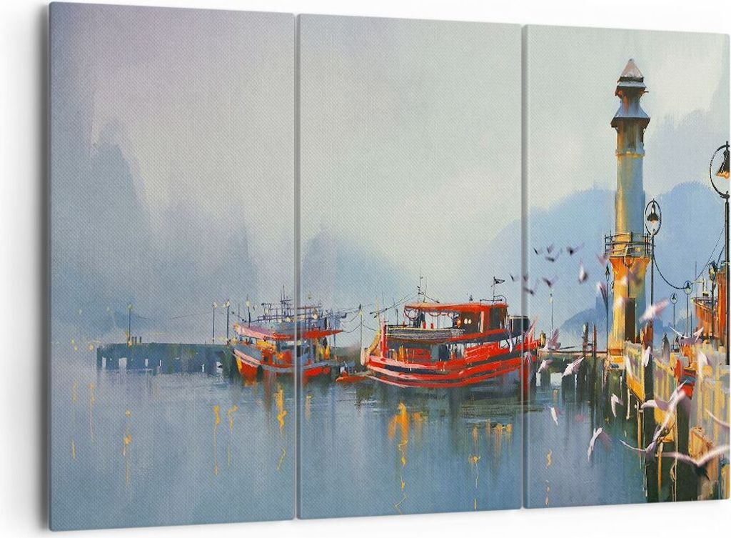 Bild auf Leinwand - Leinwandbild - Hafen Laterne Boot - 165x110cm - Wand Bild - Wanddeko - Leinwanddruck - Bilder - Kunstdruck - Wanddekoration - L...