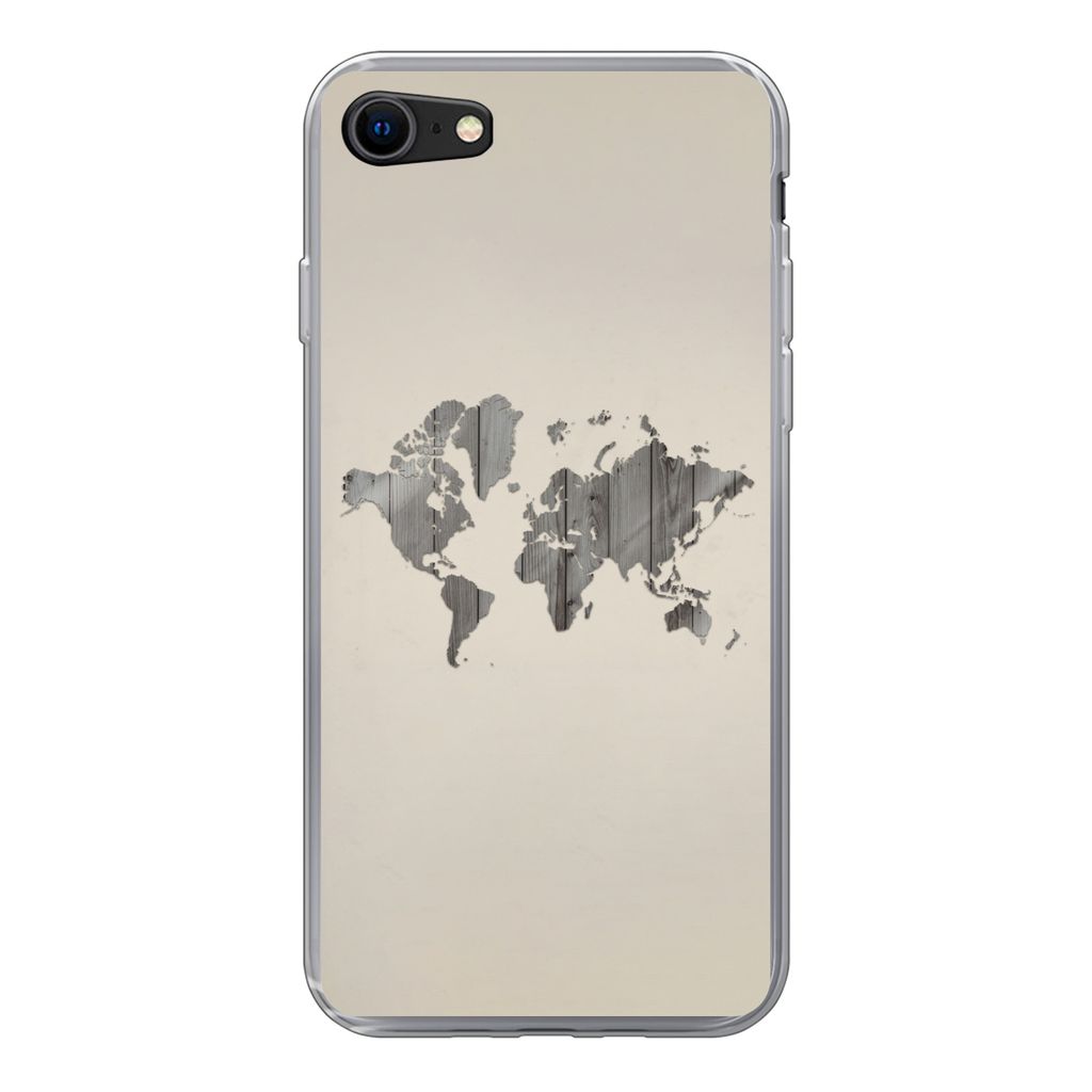 MuchoWow Handyhülle Schutzhülle Hülle für iPhone 7 Weltkarte - Holz - Regal Silikon Softcase Handy Hülle - Kartenhalter