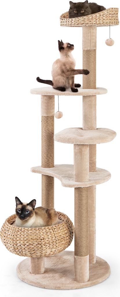 A multi-level cat tree with three cats on it, set against a white background.