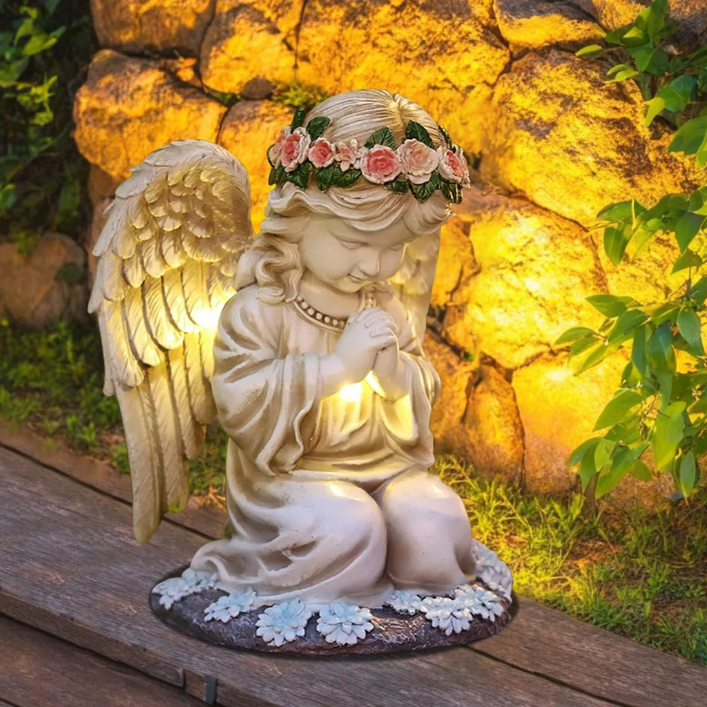 Statue d'Ange Gardien Solaire Extérieur en Résine Décoration de Tombe